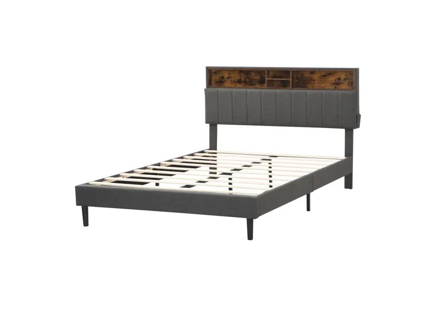 Queen Size Upholstered Platform Bed with Storage Headboard and USB Port, Linen Fabric Upholstered Bed