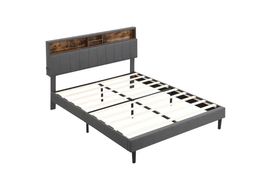 Queen Size Upholstered Platform Bed with Storage Headboard and USB Port, Linen Fabric Upholstered Bed