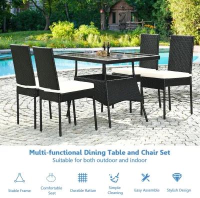 5 Pieces Rattan Dining Set Glass Table High Back Chair