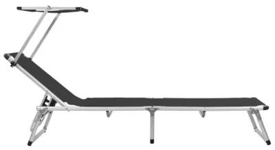 vidaXL Folding Sun Lounger with Roof Aluminium and Textilene Black