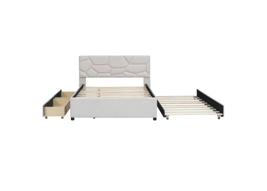 Merax Upholstered Platform Bed with Brick Pattern Headboard, with Twin XL Size Trundle and 2 drawers, Linen Fabric