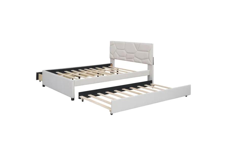 Merax Upholstered Platform Bed with Brick Pattern Headboard, with Twin XL Size Trundle and 2 drawers, Linen Fabric