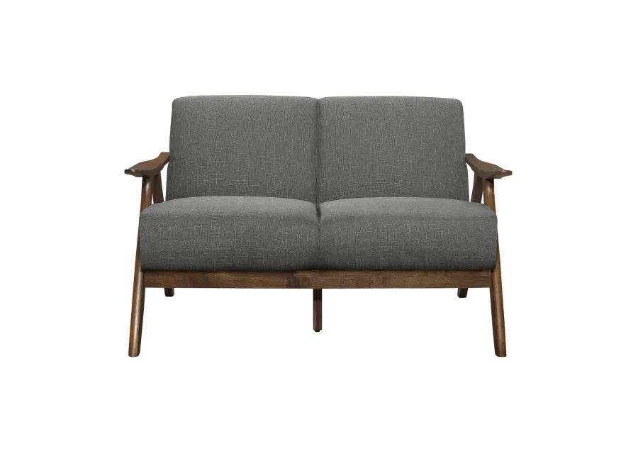 Indy 51 Inch Loveseat, Brown Wood Angled Frame, Textured Light Gray Fabric - Benzara