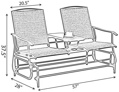 Two Person Outdoor Double Swing Glider Chair Set with Center Tempered Glass Table, Loveseat Lawn Rocker Bench