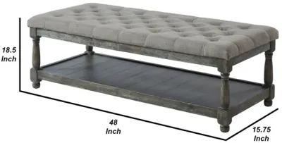 Fabric Upholstered Bench with Button Tufted Seat and Bottom shelf, Gray-Benzara