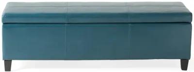 Elias Storage Ottoman, 51 Inch Rectangular, Teal Faux Leather Tufted - Benzara