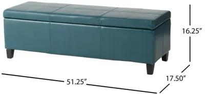 Elias Storage Ottoman, 51 Inch Rectangular, Teal Faux Leather Tufted - Benzara