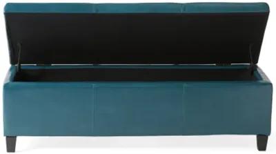 Elias Storage Ottoman, 51 Inch Rectangular, Teal Faux Leather Tufted - Benzara