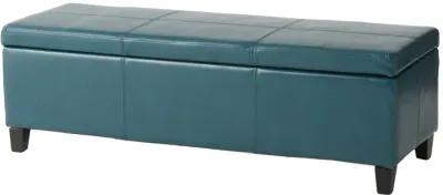 Elias Storage Ottoman, 51 Inch Rectangular, Teal Faux Leather Tufted - Benzara