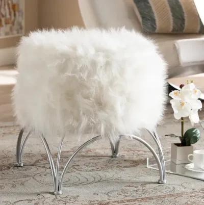 Celia Modern and Contemporary White Faux Fur Upholstered Silver Metal Ottoman