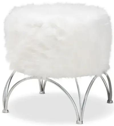 Celia Modern and Contemporary White Faux Fur Upholstered Silver Metal Ottoman