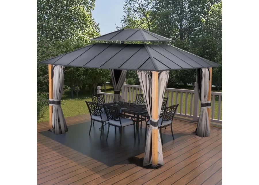 MONDAWE 12 ft�14 ft Hardtop Gazebo Double Roof Aluminum Patio Gazebo with Netting and Curtains