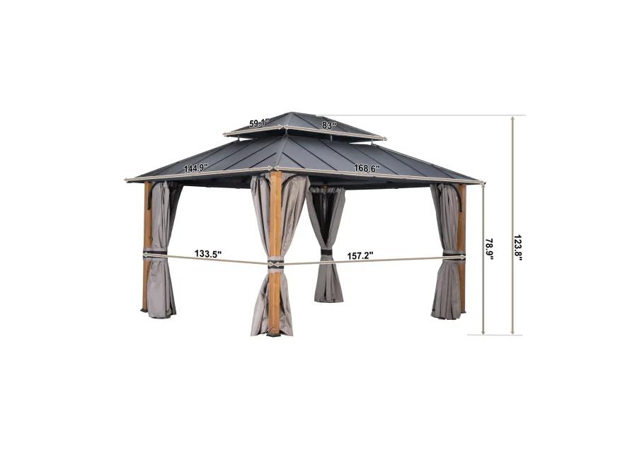 MONDAWE 12 ft�14 ft Hardtop Gazebo Double Roof Aluminum Patio Gazebo with Netting and Curtains