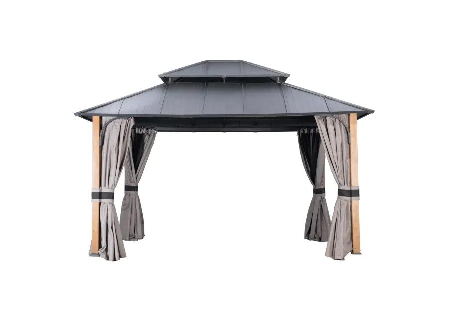 MONDAWE 12 ft�14 ft Hardtop Gazebo Double Roof Aluminum Patio Gazebo with Netting and Curtains