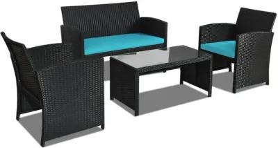 Hivvago 4 Pieces Rattan Patio Furniture Set with Weather Resistant Cushions and Tempered Glass Tabletop