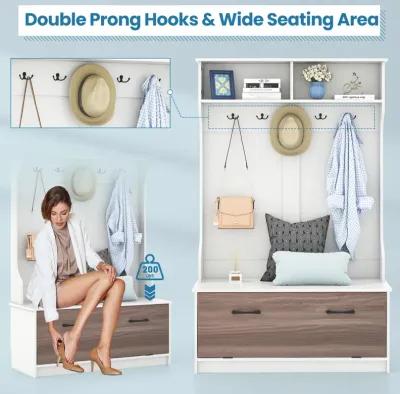 3 in 1 Coat Rack with Entryway Bench and Hooks and Enclosed Cabinet