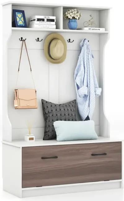 3 in 1 Coat Rack with Entryway Bench and Hooks and Enclosed Cabinet