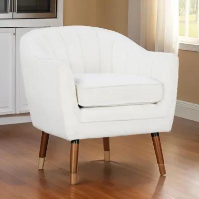 Tia 31 Inch Plush Accent Chair Armchair, White Polyester, Brown Solid Wood - Benzara