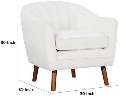 Tia 31 Inch Plush Accent Chair Armchair, White Polyester, Brown Solid Wood - Benzara