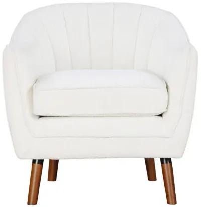 Tia 31 Inch Plush Accent Chair Armchair, White Polyester, Brown Solid Wood - Benzara