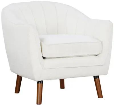 Tia 31 Inch Plush Accent Chair Armchair, White Polyester, Brown Solid Wood - Benzara