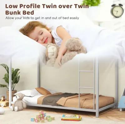 Low Profile Twin Over Twin Metal Bunk Bed with Full-length Guardrails