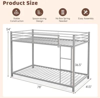 Low Profile Twin Over Twin Metal Bunk Bed with Full-length Guardrails