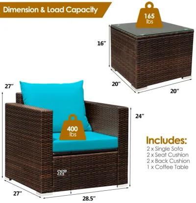 3 Pieces Patio Conversation Rattan Furniture Set with Cushion