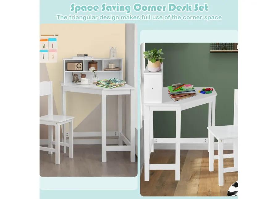 Kids Wooden Corner Desk and Chair Set with Hutch and Storage