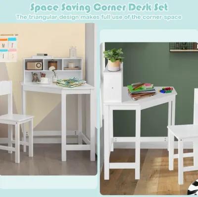 Kids Wooden Corner Desk and Chair Set with Hutch and Storage