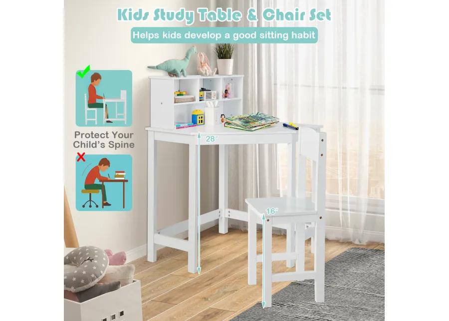 Kids Wooden Corner Desk and Chair Set with Hutch and Storage