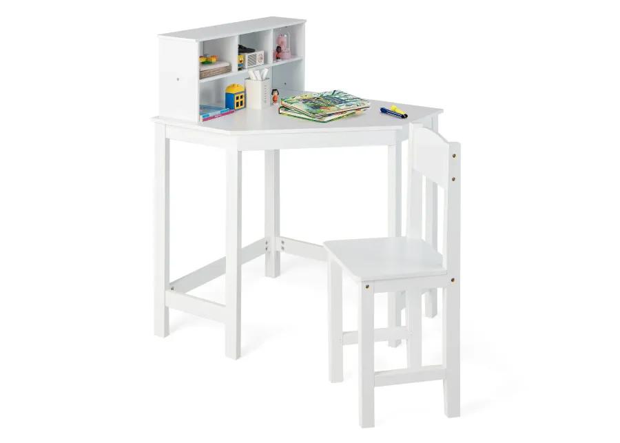 Kids Wooden Corner Desk and Chair Set with Hutch and Storage