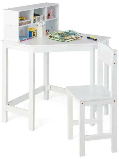 Kids Wooden Corner Desk and Chair Set with Hutch and Storage