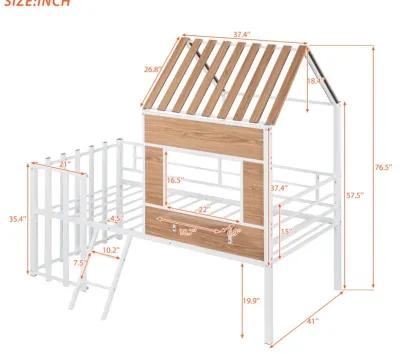 Metal Twin Size Loft Bed With Roof, Window, Guardrail, Ladder