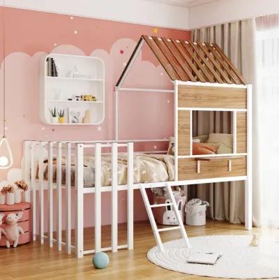 Metal Twin Size Loft Bed With Roof, Window, Guardrail, Ladder