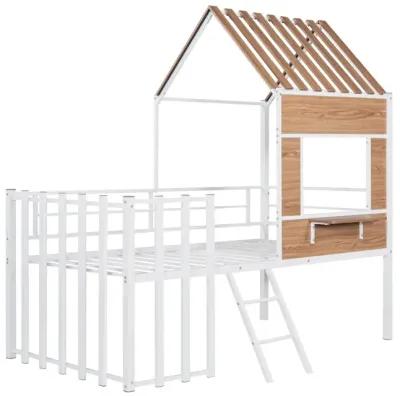 Metal Twin Size Loft Bed With Roof, Window, Guardrail, Ladder