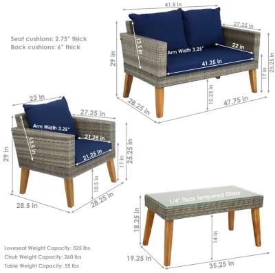 Sunnydaze Clifdon Rattan and Acacia 4-Piece Patio Conversation Set - Blue