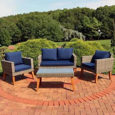 Sunnydaze Clifdon Rattan and Acacia 4-Piece Patio Conversation Set - Blue