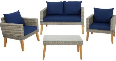 Sunnydaze Clifdon Rattan and Acacia 4-Piece Patio Conversation Set - Blue