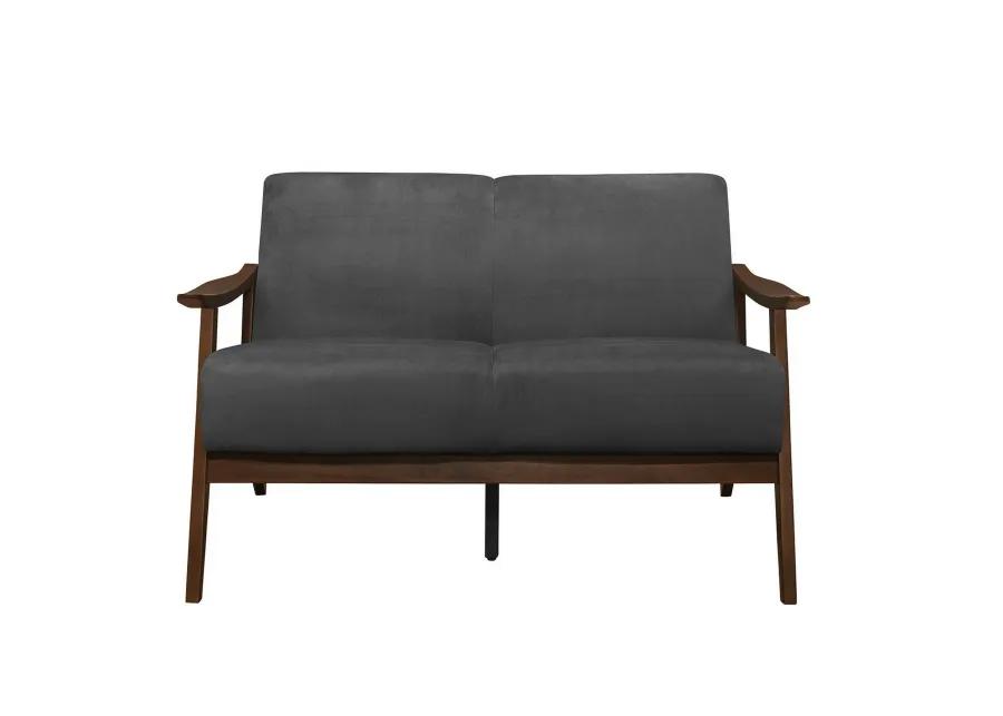 Rica 51 Inch Loveseat, Curved, Dark Gray Velvet, Walnut Brown Solid Wood - Benzara