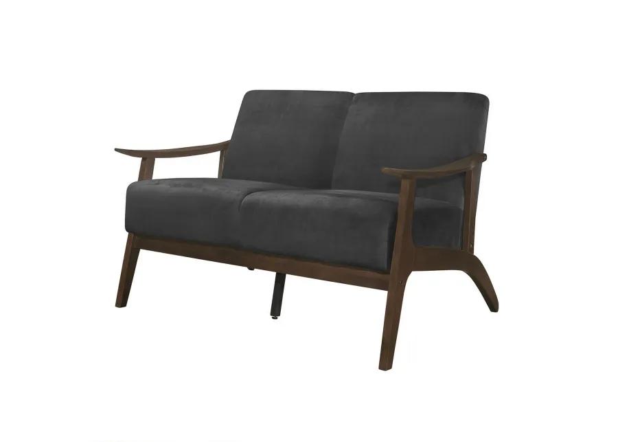 Rica 51 Inch Loveseat, Curved, Dark Gray Velvet, Walnut Brown Solid Wood - Benzara