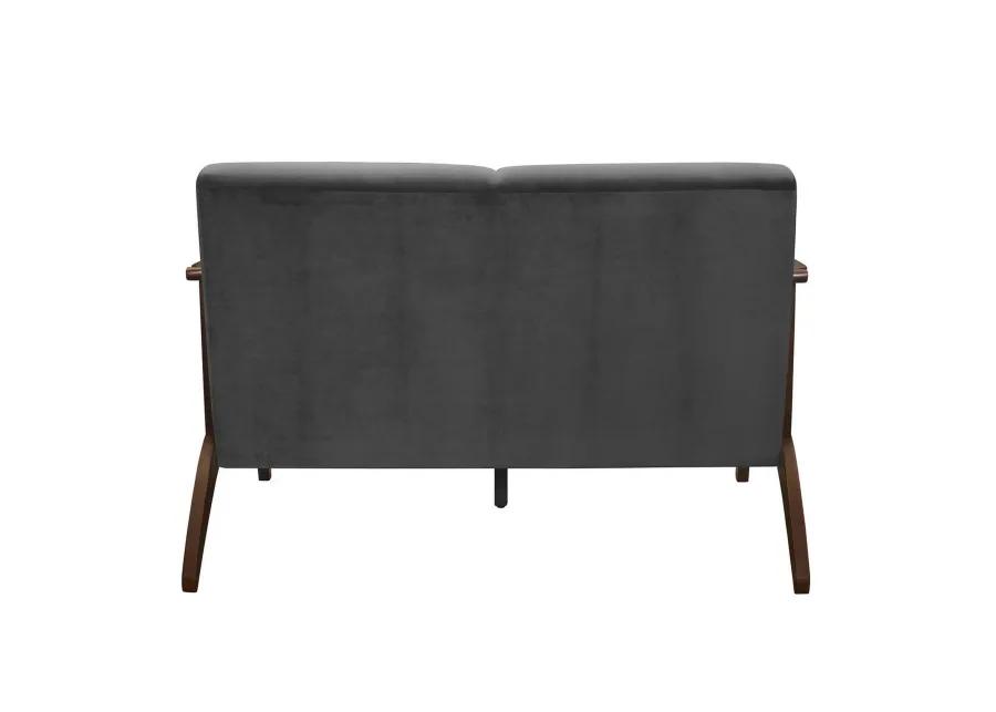 Rica 51 Inch Loveseat, Curved, Dark Gray Velvet, Walnut Brown Solid Wood - Benzara