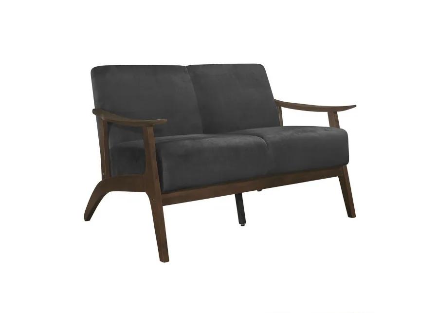 Rica 51 Inch Loveseat, Curved, Dark Gray Velvet, Walnut Brown Solid Wood - Benzara