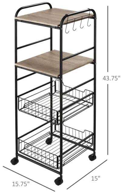 Oak Kitchen Organizer: 16" 4-Tier Utility Trolley with Drawers