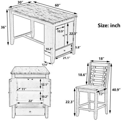 MONDAWE Counter Height 5-Piece Dining Table Set with Faux Marble Tabletop, Solid Wood Table Set with Storage Cabinet and Drawer