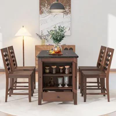 MONDAWE Counter Height 5-Piece Dining Table Set with Faux Marble Tabletop, Solid Wood Table Set with Storage Cabinet and Drawer