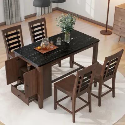 MONDAWE Counter Height 5-Piece Dining Table Set with Faux Marble Tabletop, Solid Wood Table Set with Storage Cabinet and Drawer