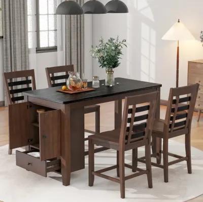 MONDAWE Counter Height 5-Piece Dining Table Set with Faux Marble Tabletop, Solid Wood Table Set with Storage Cabinet and Drawer