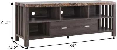 60 Inch Modern TV Entertainment Console, 5 Shelves, Faux Marble Top, Gray-Benzara