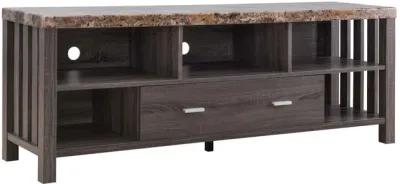 60 Inch Modern TV Entertainment Console, 5 Shelves, Faux Marble Top, Gray-Benzara